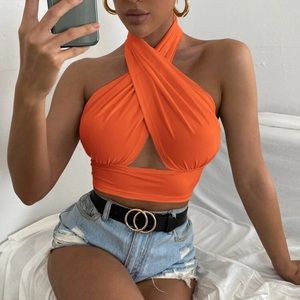 Shein Solid Cross Crop Halter Top